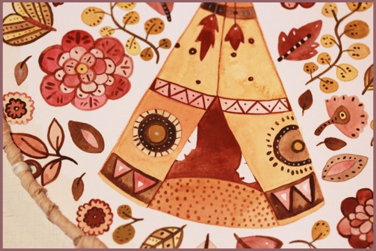 Détail du dessin : deux enfants dans un tipi